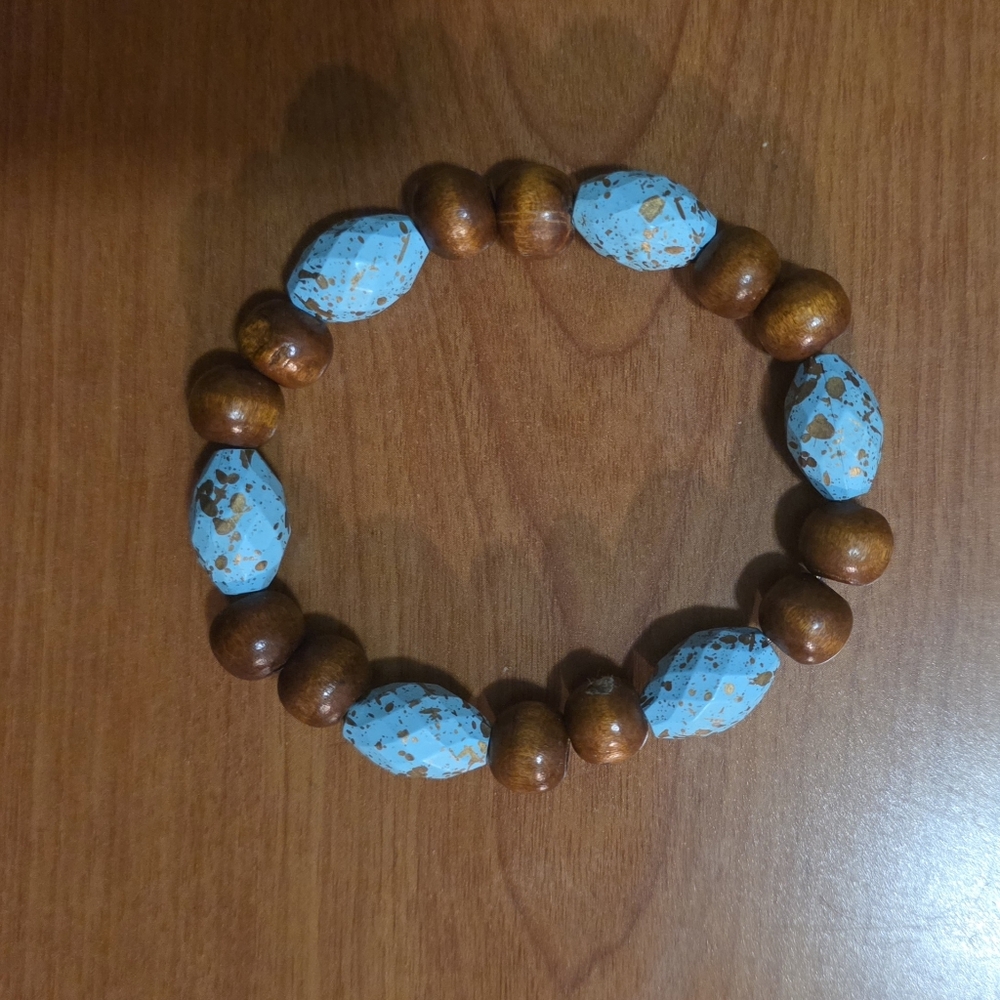 4/$20 #64 Handmade Wooden Bead Bracelet with Turgqous Accents